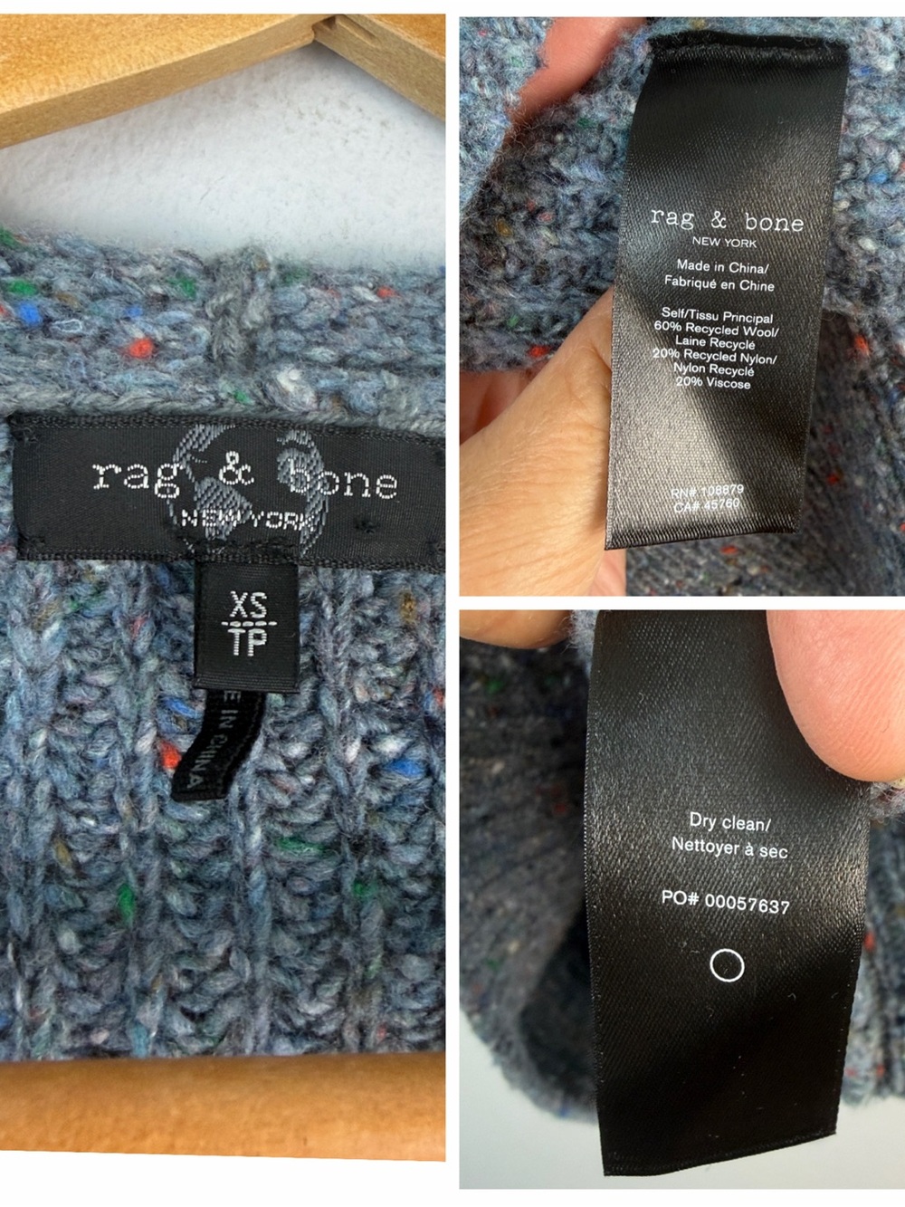 Rag & Bone Eco Donegal V-Neck Blue Sweater XS Relaxed Fit Recycled Wool Blend - Picture 15 of 16